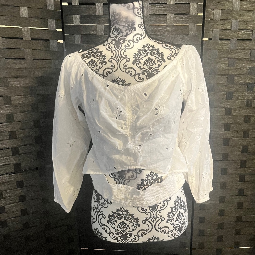 Express White Smocked Eyelet Crop Top